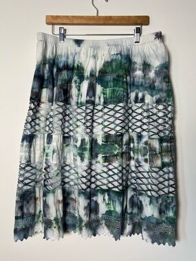 Light Green Blue Boho Tie-Dye Lace Panel Cotton Midi Skirt